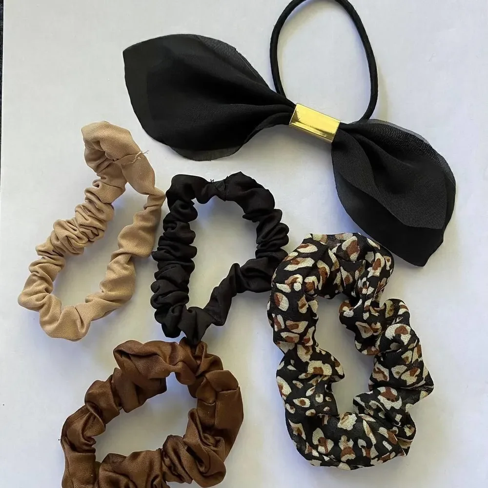 Set of 5 Scrunchies - Brown Print Black Bow